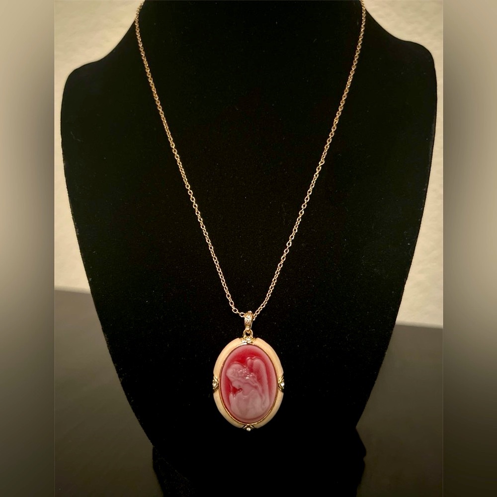 Hand Crafted Gold-Toned Necklace with Rose-Pink Stone Angel Pendant